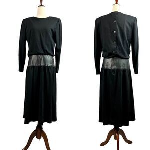 Vintage 80s Samuel Blue Jersey Wool Dress Leather Trimmed Waist Made in USA